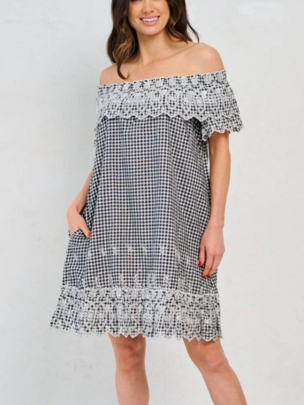 Doe & Rae Black and White One-Shoulder Gingham Dress with Lace
